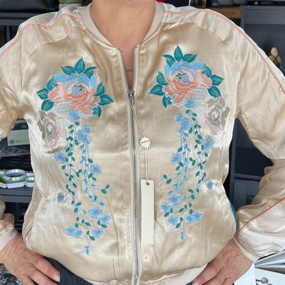 Blank NYC Cream Bomber Jacket with Floral Embroidery
